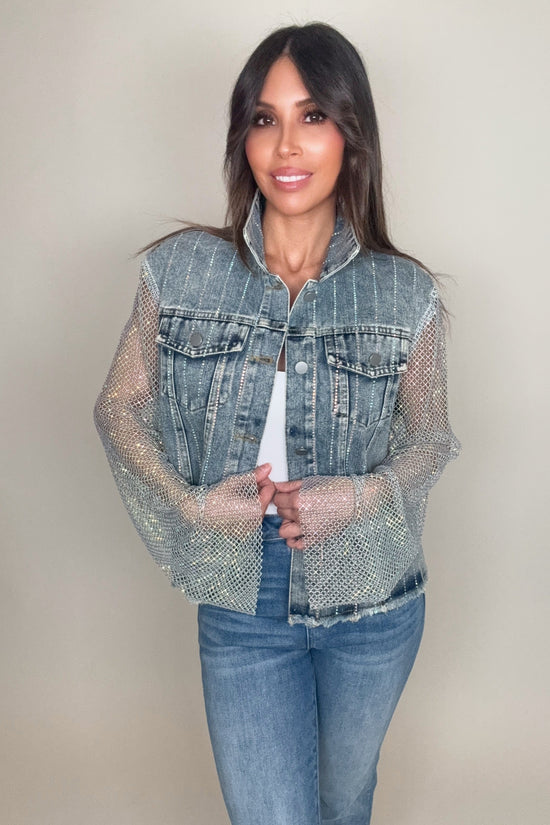 Denim Crystal Mesh Sleeve Jacket - Born To Glam Born To Glam