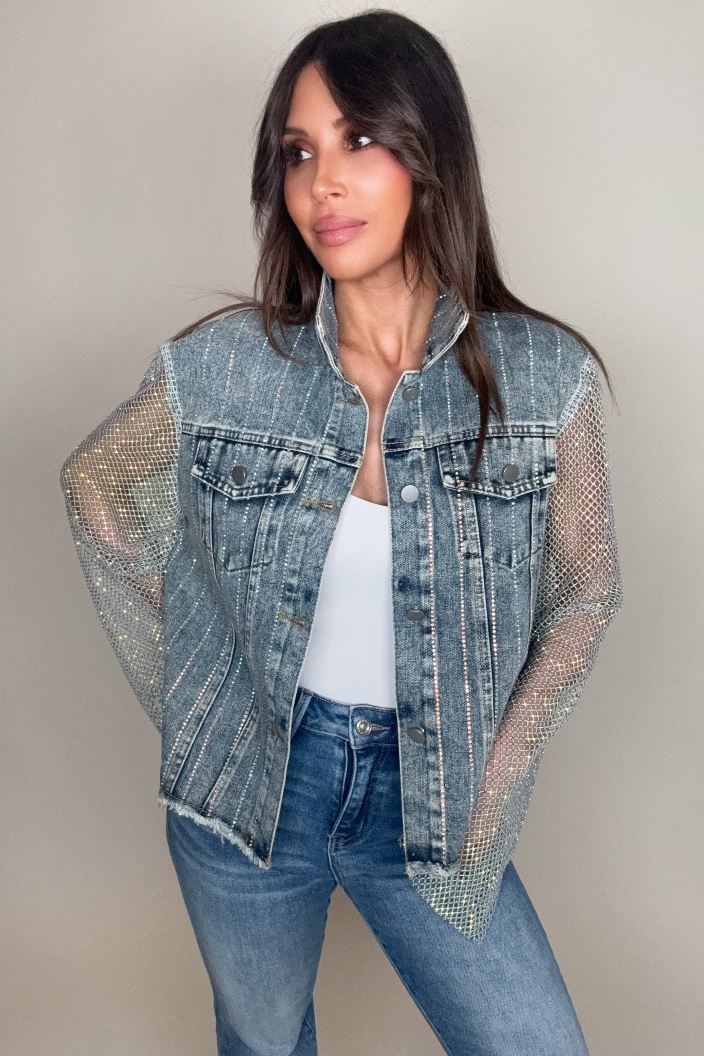 Denim Crystal Mesh Sleeve Jacket - Born To Glam Born To Glam