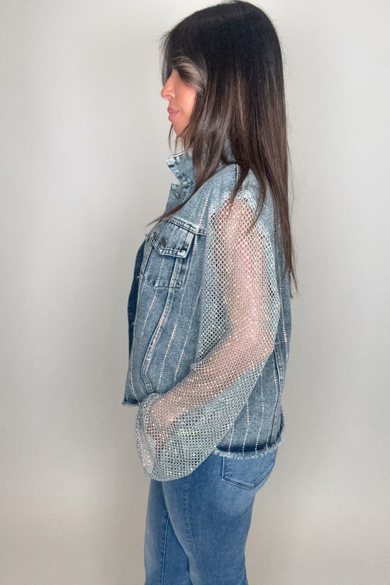 Denim Crystal Mesh Sleeve Jacket - Born To Glam Born To Glam