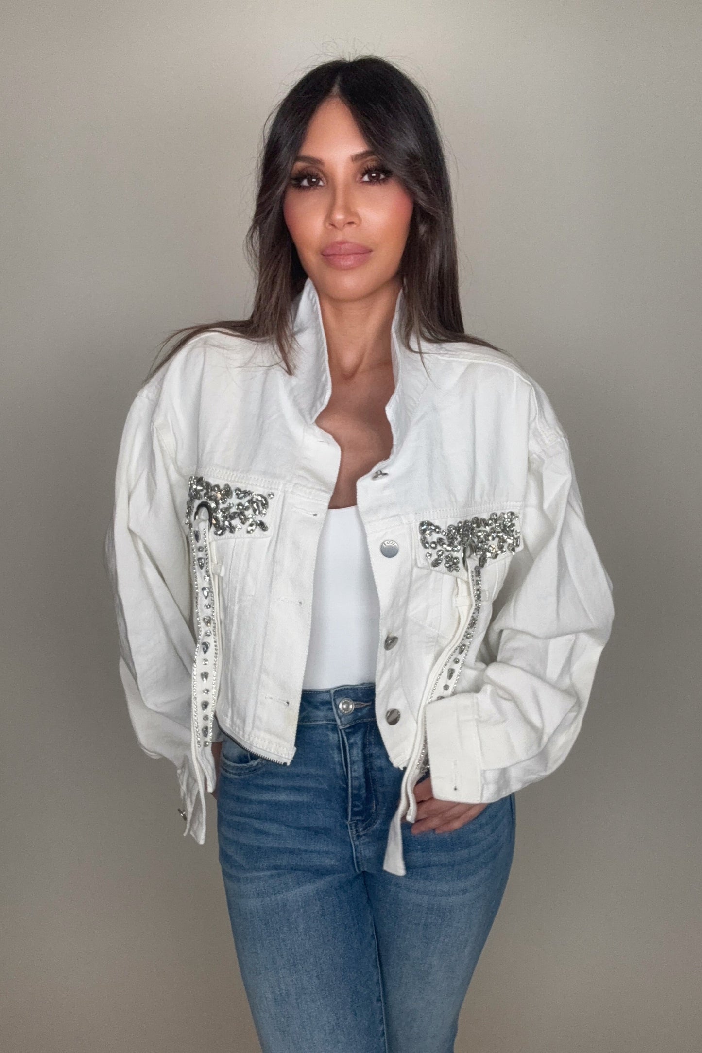 White Jeweled Pocket Denim Jacket - Born To Glam Born To Glam