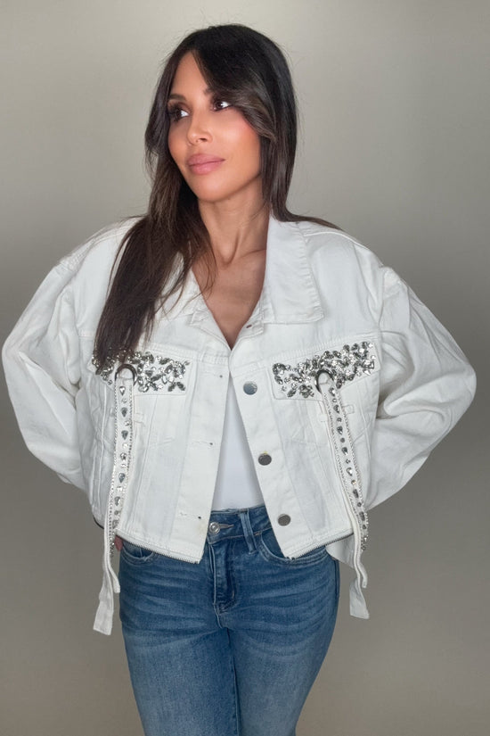 White Jeweled Pocket Denim Jacket - Born To Glam Born To Glam