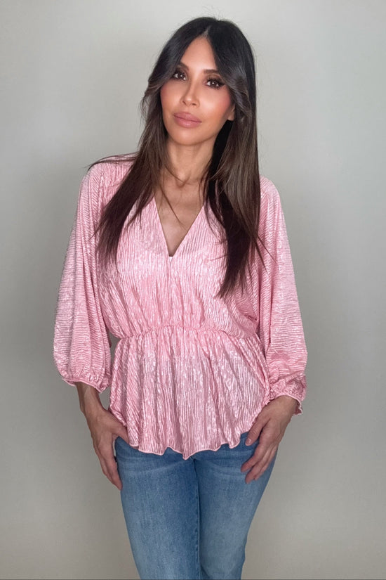 Pink V Neck Crinkle Satin Top - Born To Glam Born To Glam