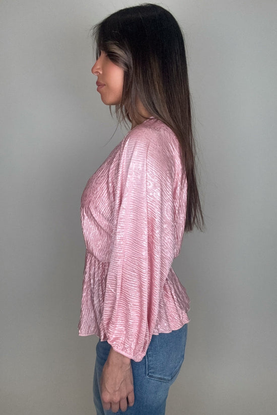 Pink V Neck Crinkle Satin Top - Born To Glam Born To Glam