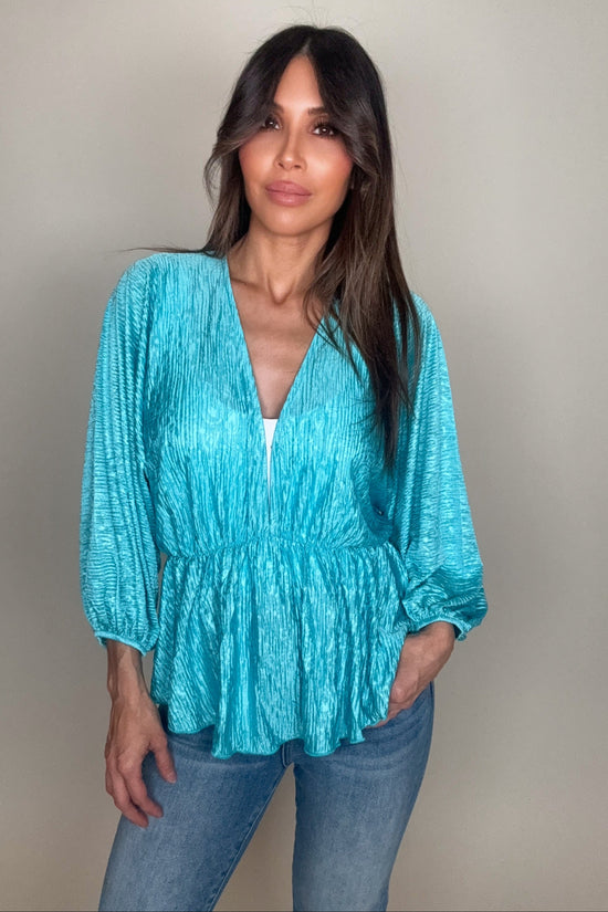 Turquoise V Neck Crinkle Satin Top - Born To Glam Born To Glam