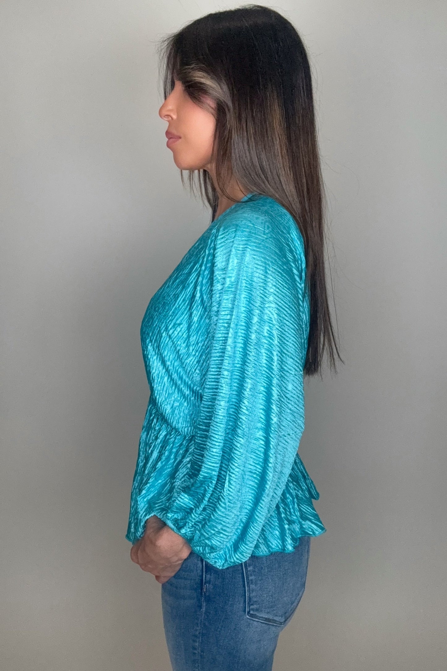 Turquoise V Neck Crinkle Satin Top - Born To Glam Born To Glam