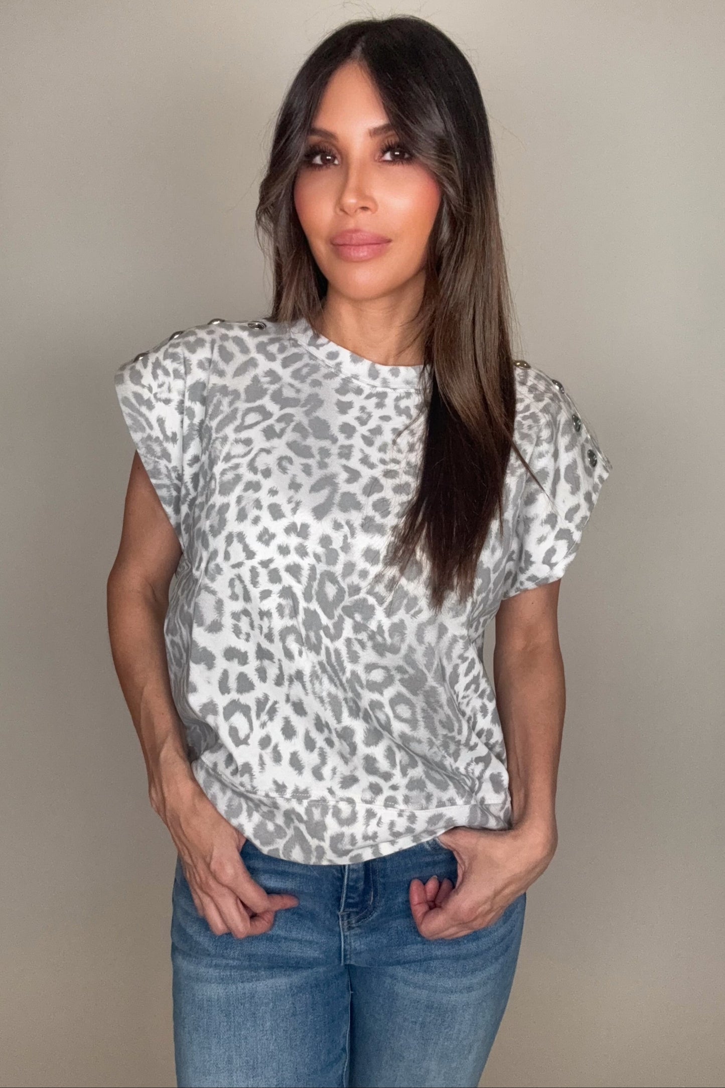 Grey Leopard Print Embellished Shoulder Top - Born To Glam Born To Glam