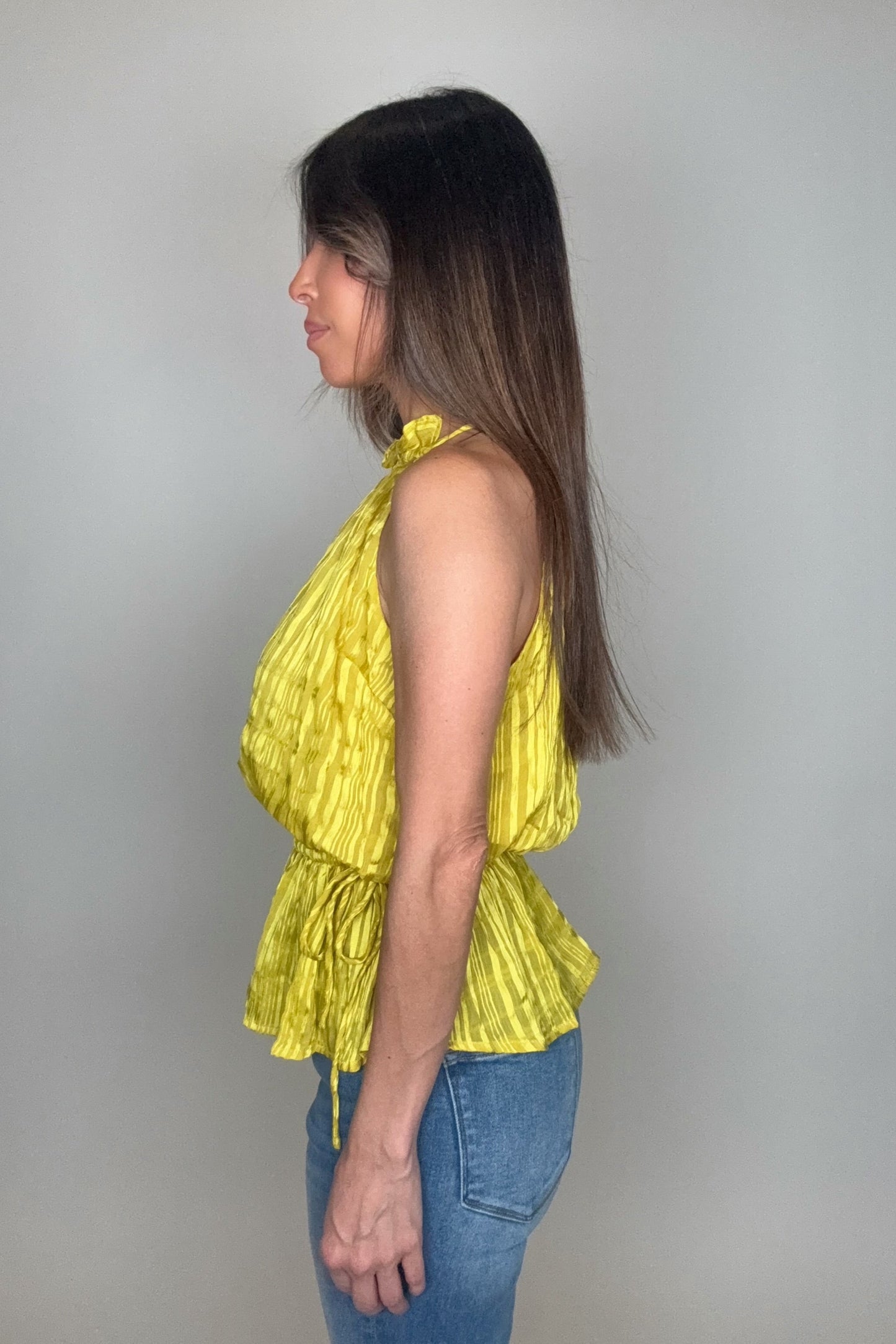 Yellow Textured Stripe Halter Peplum Top - Born To Glam Born To Glam