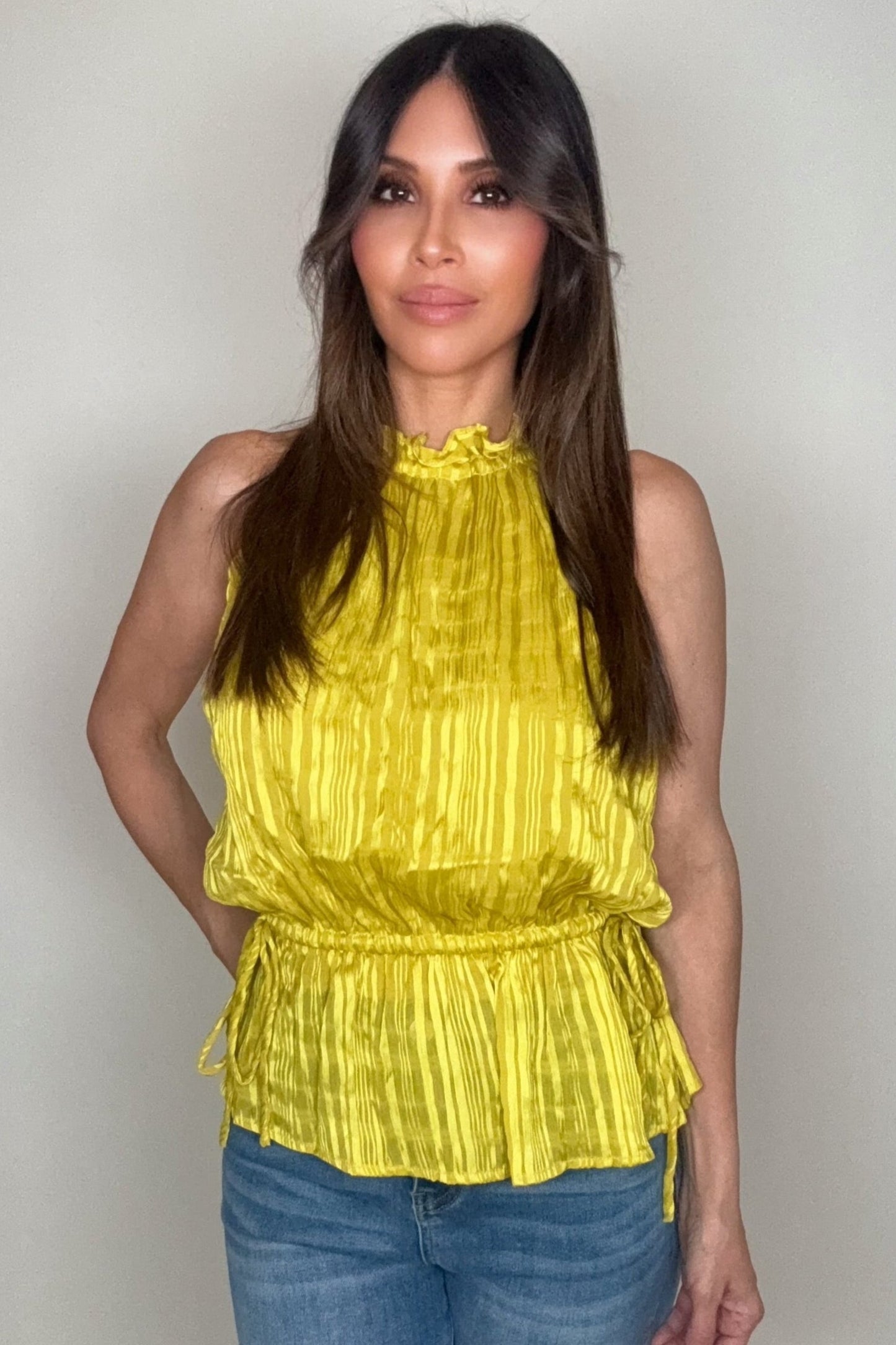 Yellow Textured Stripe Halter Peplum Top - Born To Glam Born To Glam