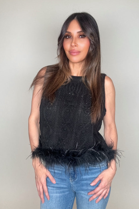 Black Knit Feather Trim Top - Born To Glam Born To Glam