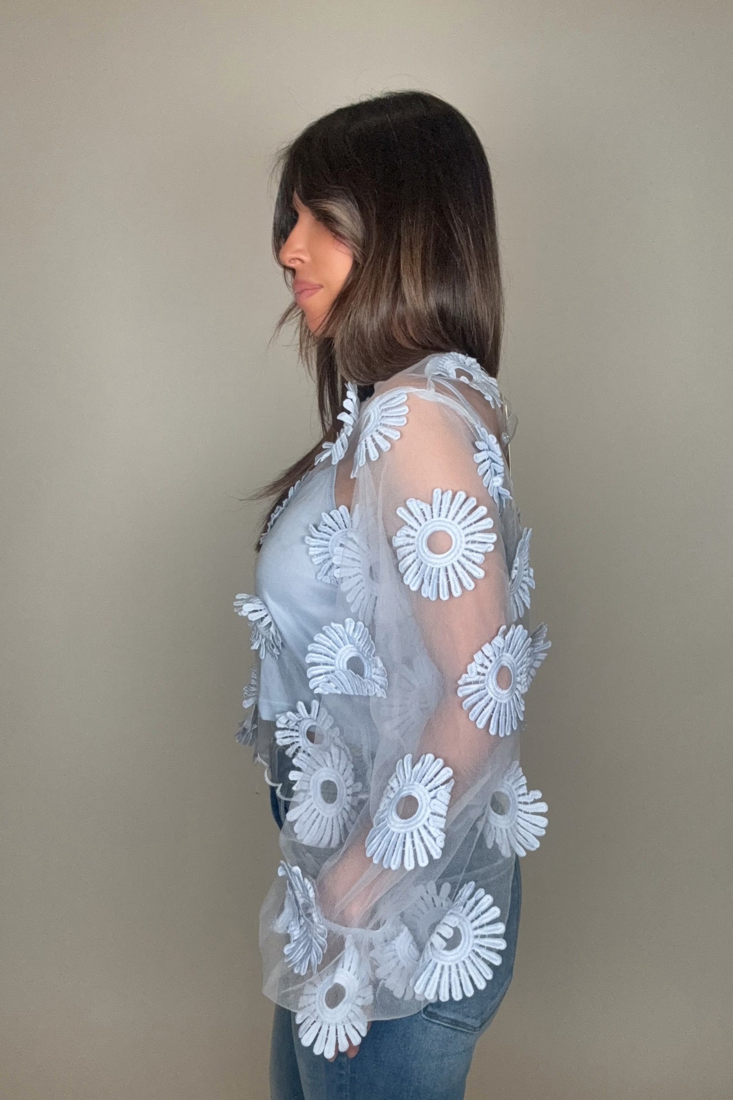 Long Sleeve Floral Applique Tulle Top - Born To Glam Born To Glam