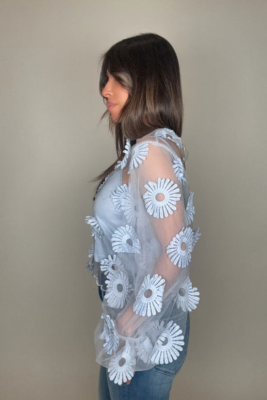 Long Sleeve Floral Applique Tulle Top - Born To Glam Born To Glam