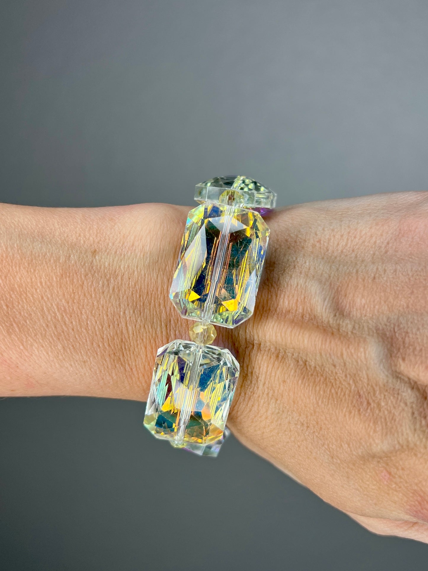 Yellow Pink Iridescent Rectangle Crystal Stretch Bracelet - Born To Glam Born To Glam