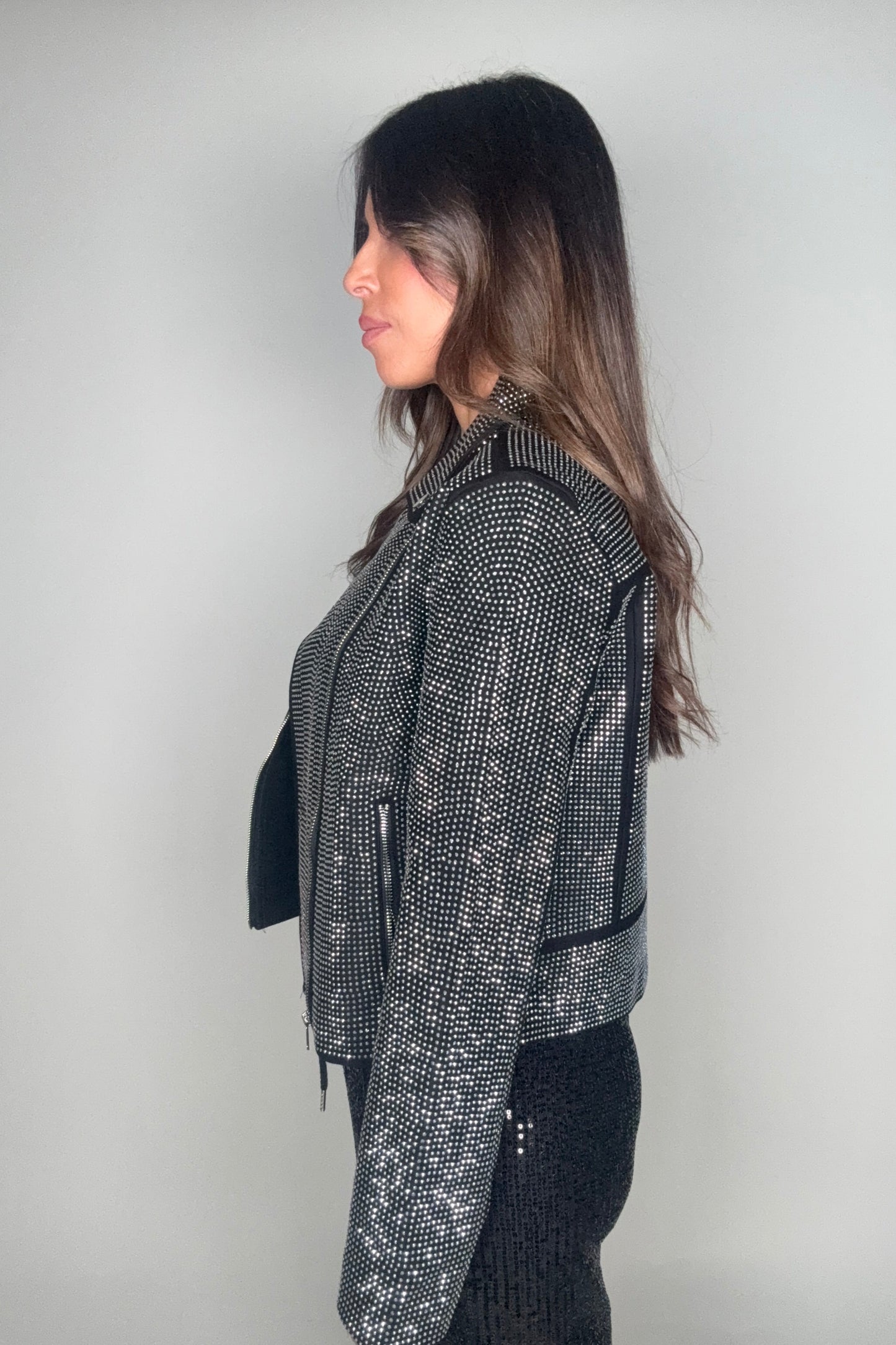 Crystal Studded Stretch Zip Up Moto Jacket - Born To Glam Born To Glam
