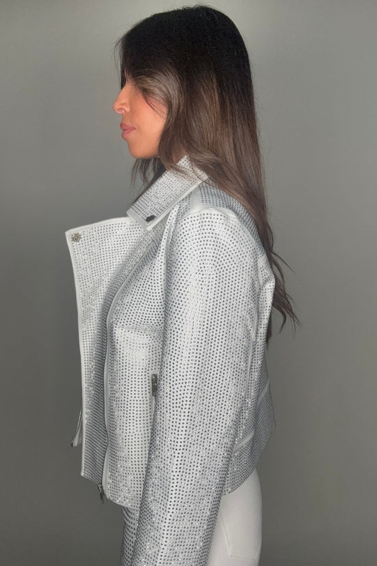 Crystal Studded Stretch Zip Up Moto Jacket - Born To Glam Born To Glam
