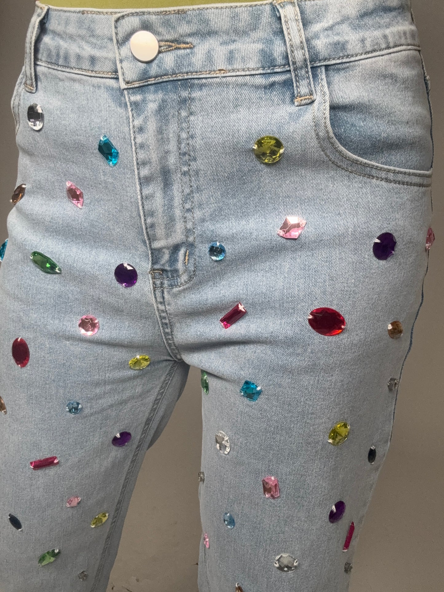 Mid Rise Rainbow Jewel Embellished Denim Jeans - Born To Glam Born To Glam