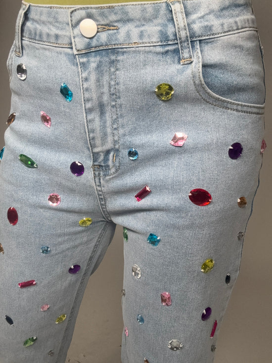 Mid Rise Rainbow Jewel Embellished Denim Jeans - Born To Glam Born To Glam