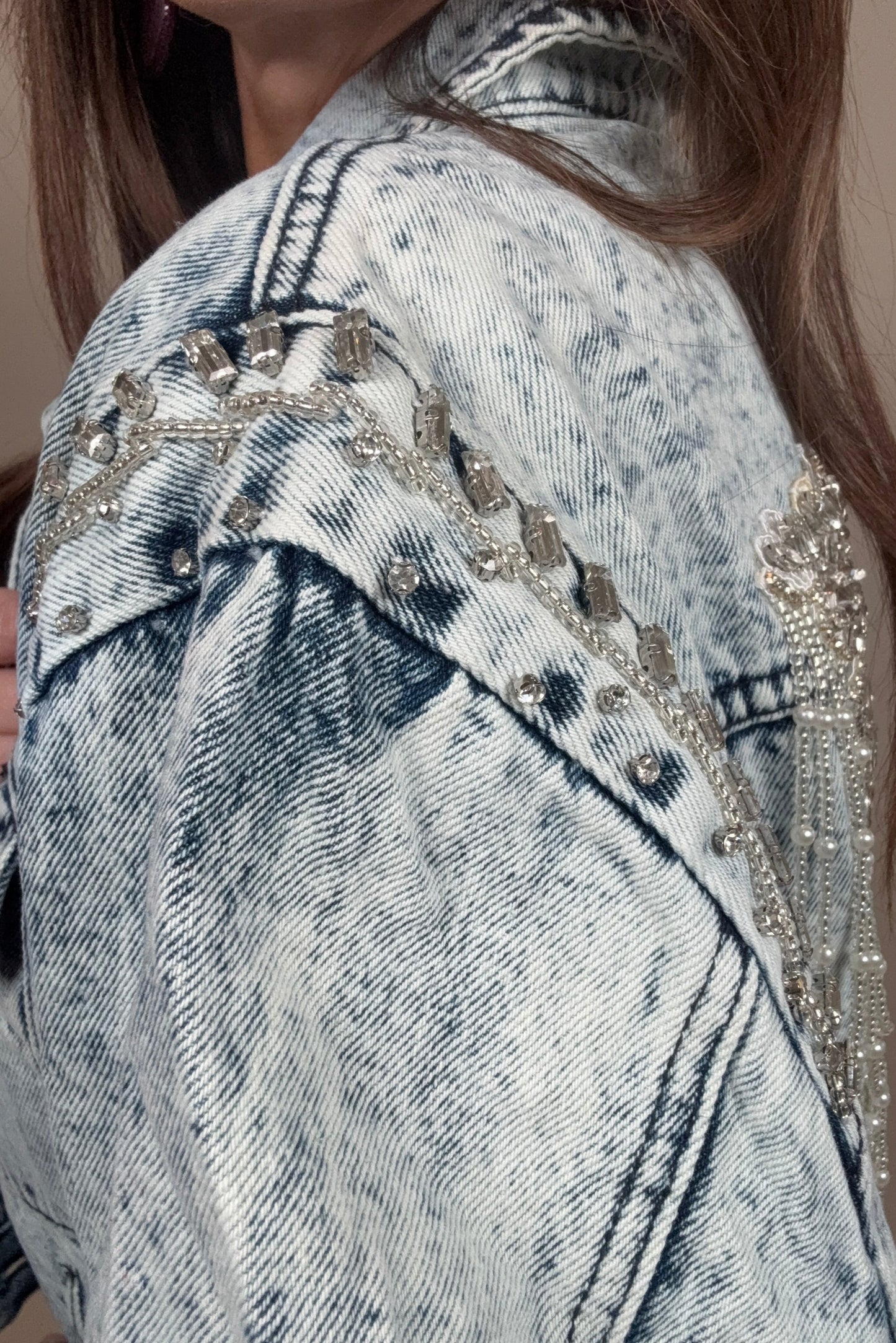 Acid Washed Shoulder Beading Denim Jacket - Born To Glam Born To Glam