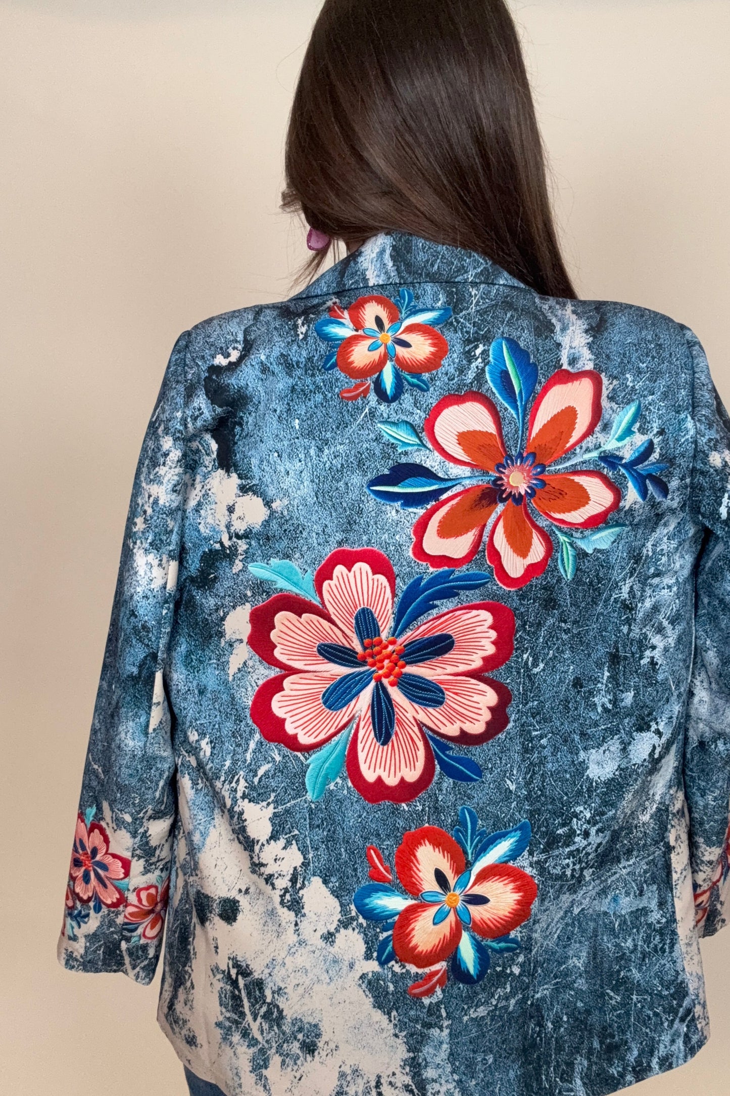 Denim Floral Print Blazer Born To Glam