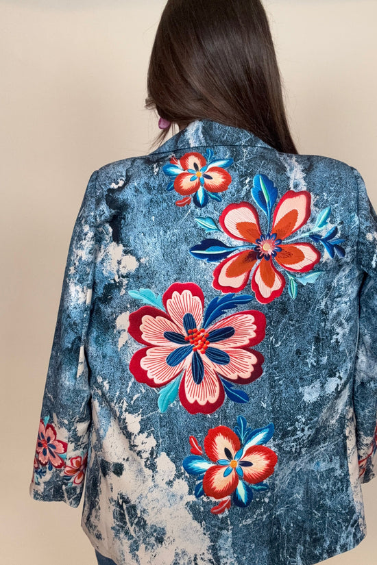 Denim Floral Print Blazer Born To Glam