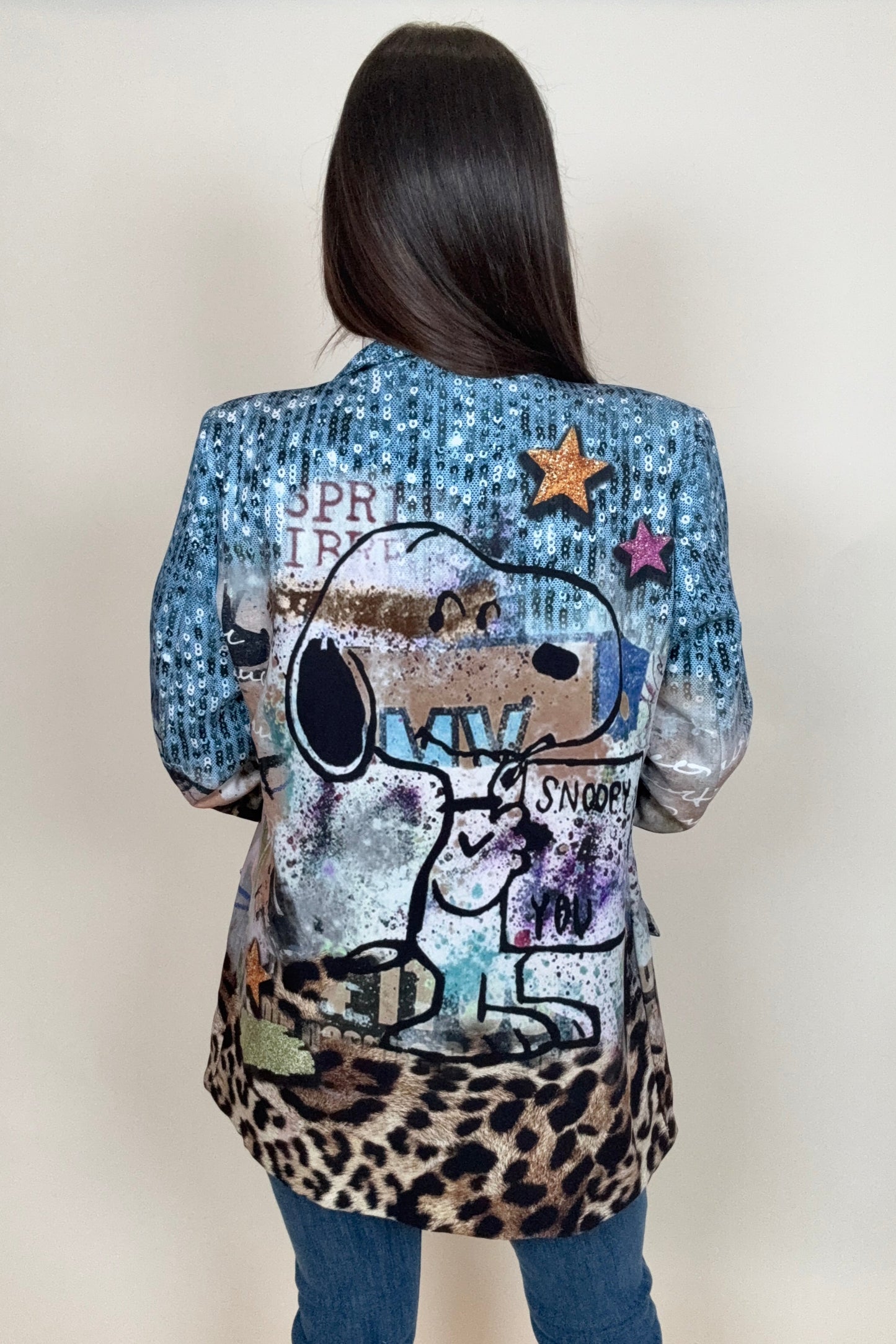 Denim Sequin Print Snoopy Blazer Born To Glam