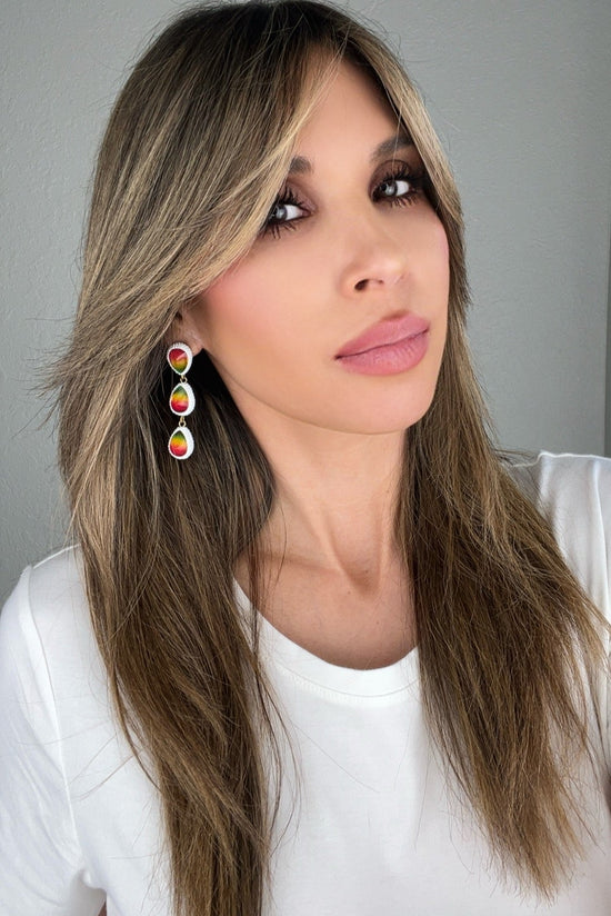 Teardrop Multicolor Gemstone Crystal Sterling Silver Triple Drop Earrings - Born To Glam Born To Glam