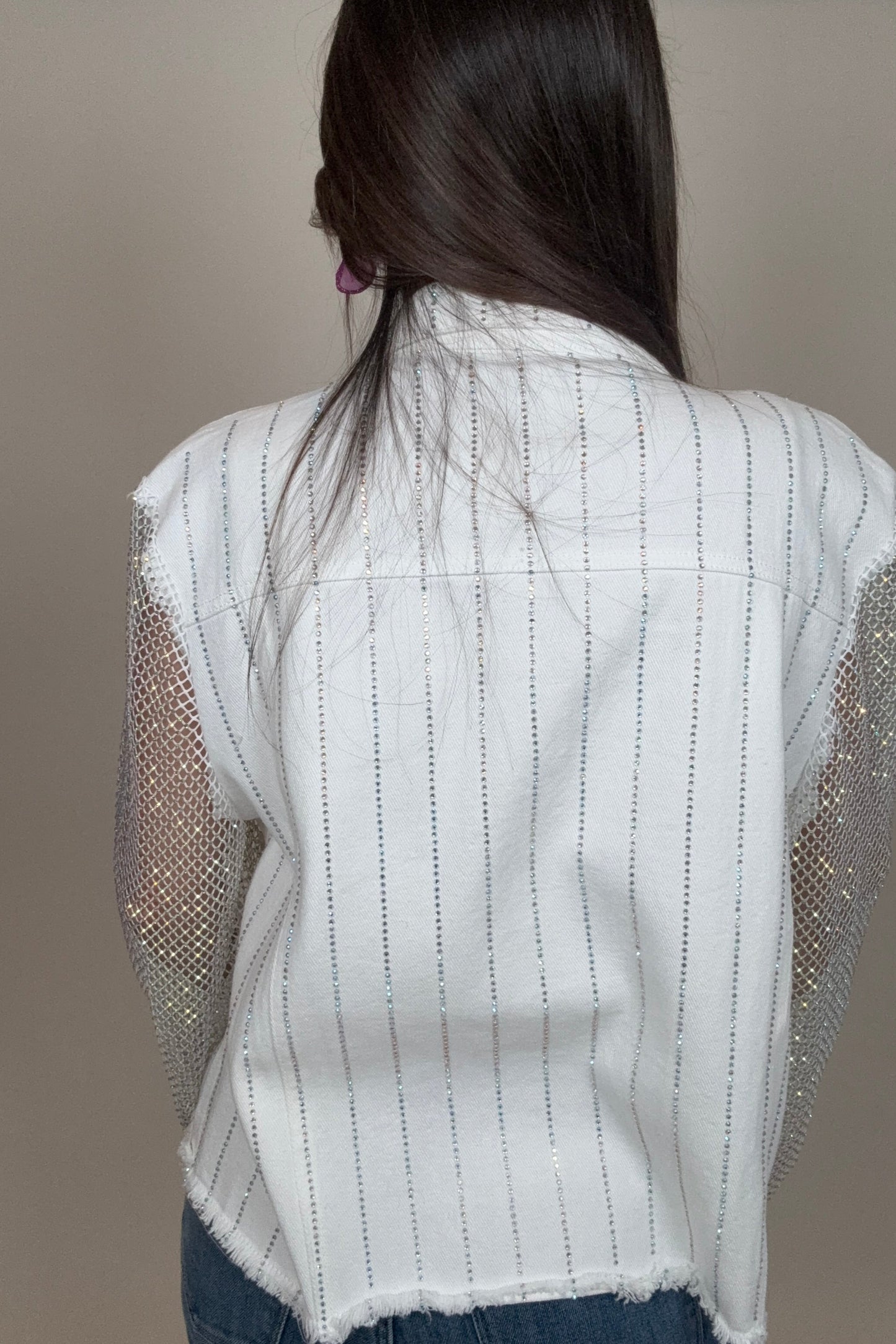 White Mesh Sleeve Denim Jacket Born To Glam