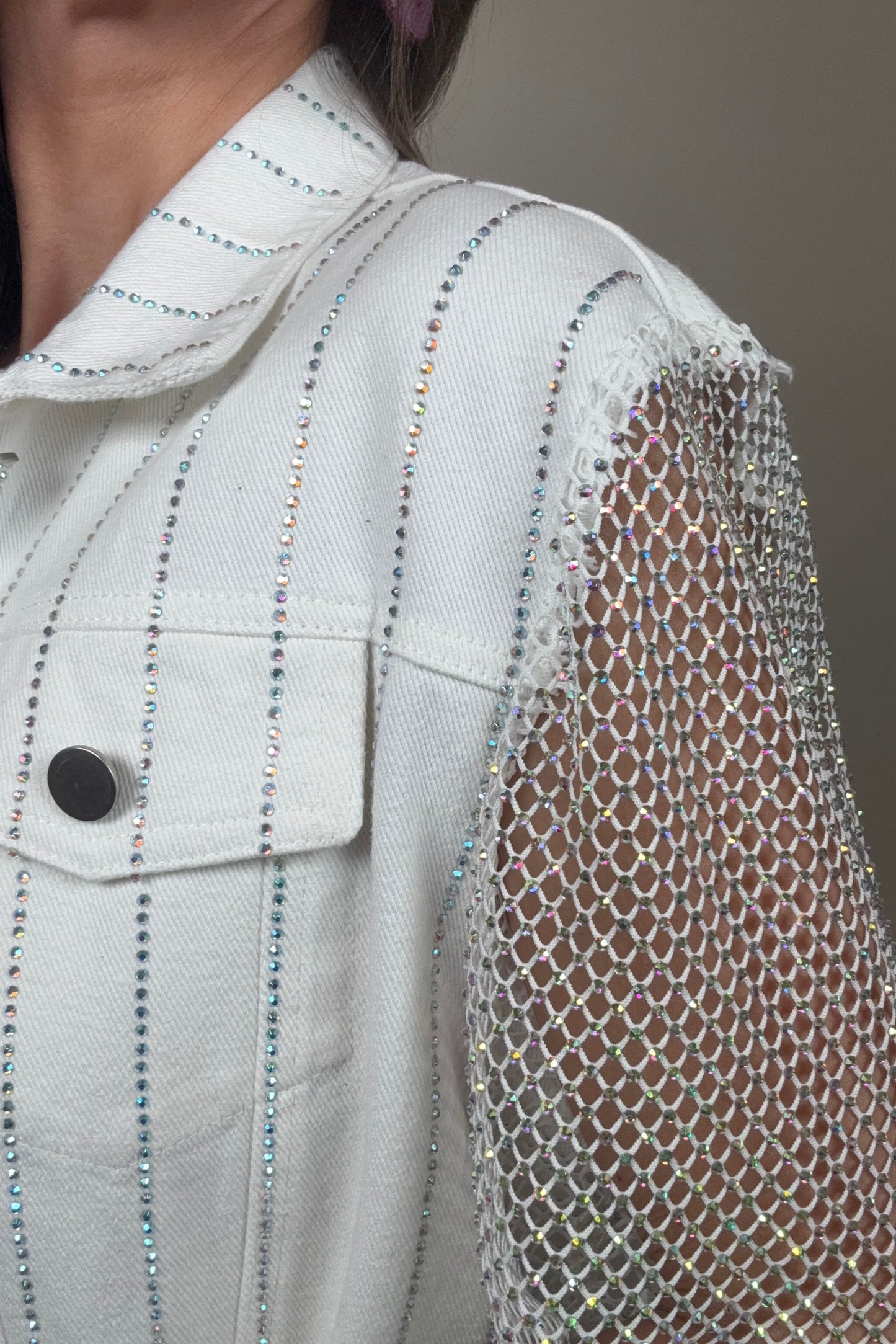 White Mesh Sleeve Denim Jacket Born To Glam