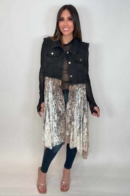 Cropped Black Denim Taupe Vest - Born To Glam Born To Glam