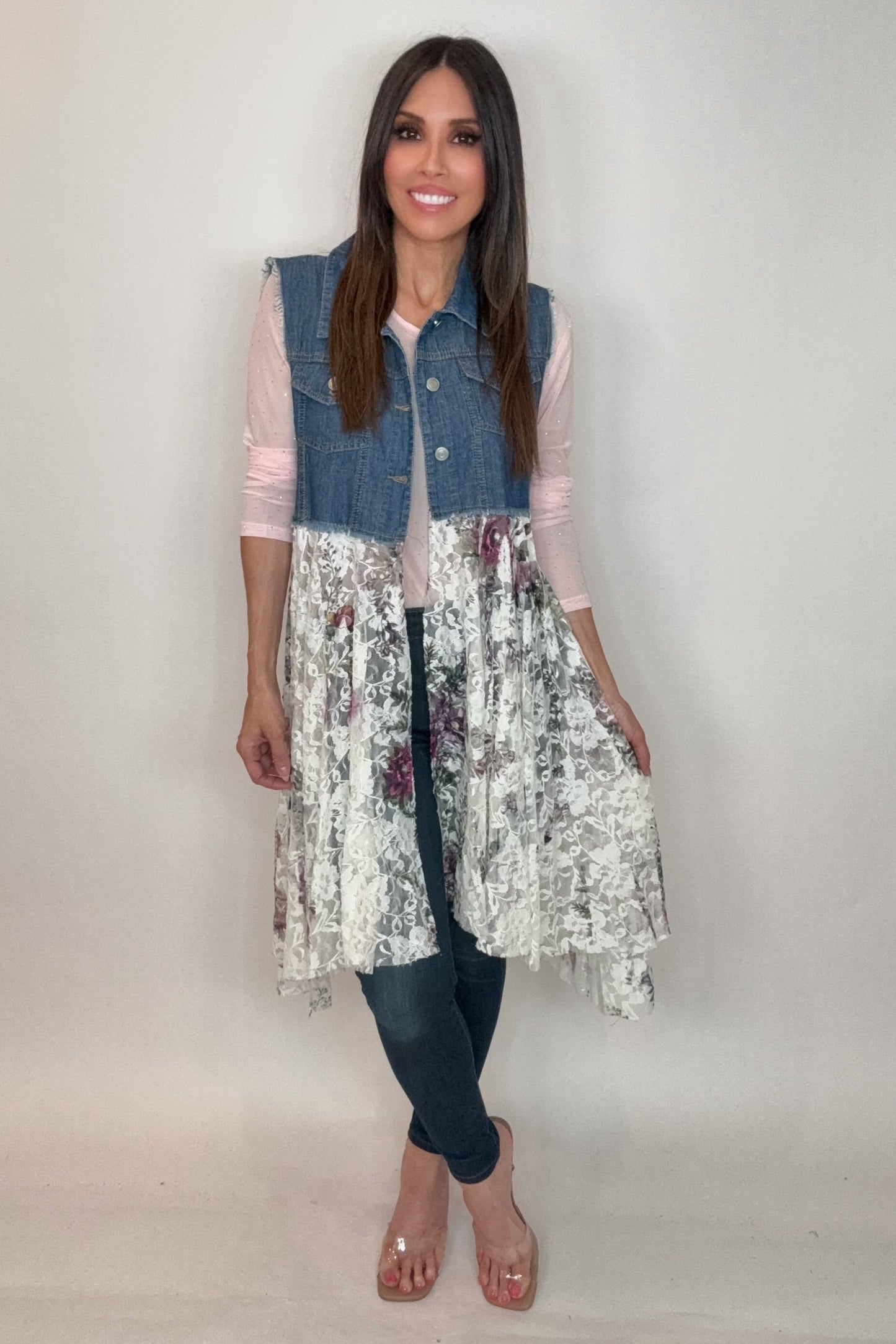 Cropped Denim Flower Vest with Lace Layer - Born To Glam Born To Glam
