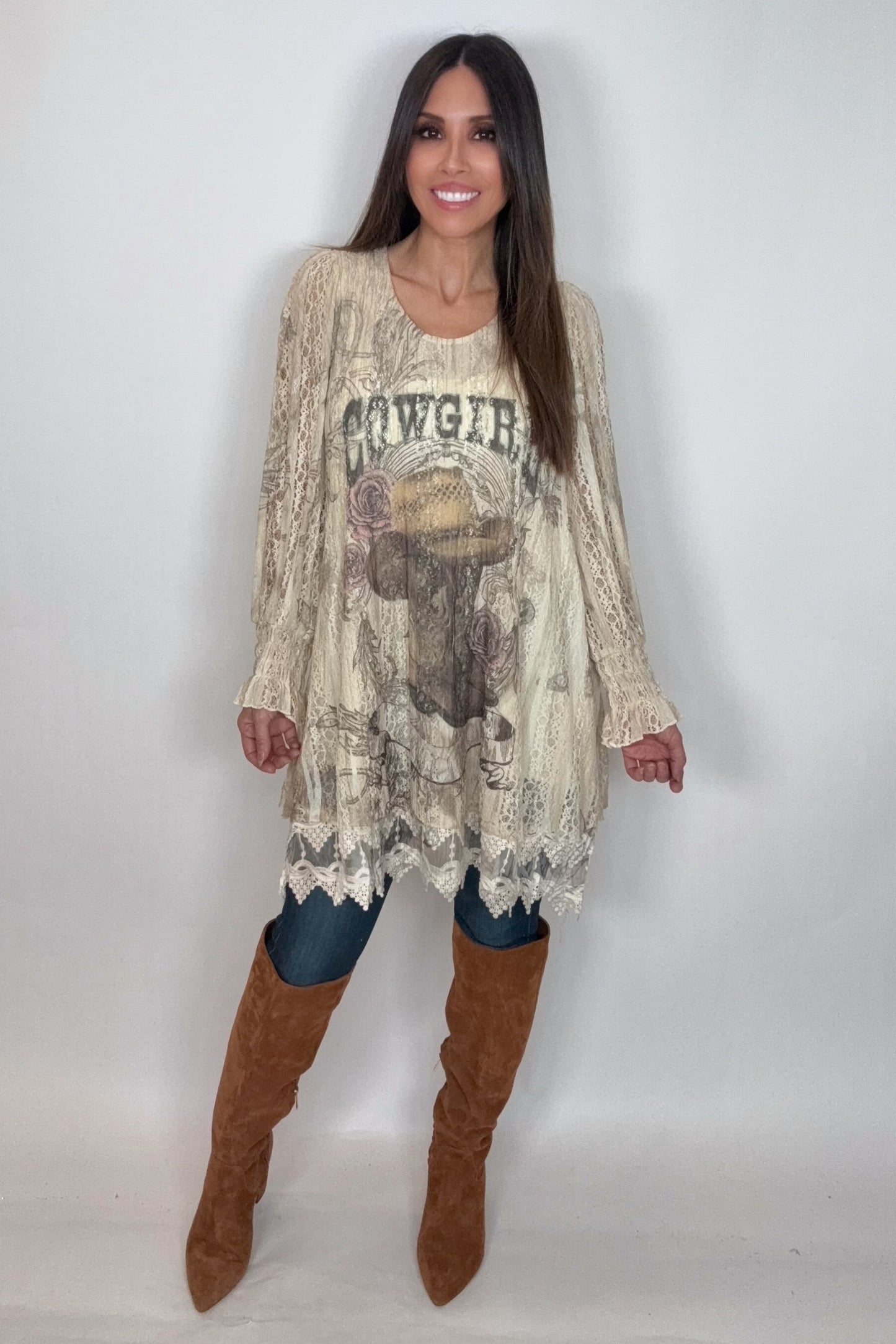 Cowgirl Tunic Top with Embroidery Hem - Born To Glam Born To Glam
