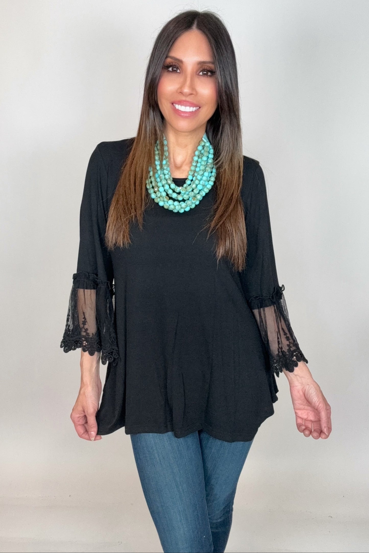 Black Tunic Top with Lace Sleeve - Born To Glam Born To Glam