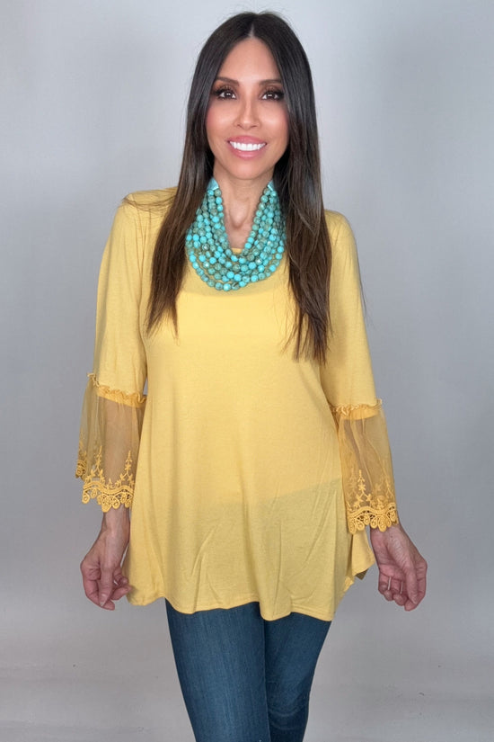 Mustard Tunic Top with Lace Sleeve - Born To Glam Born To Glam