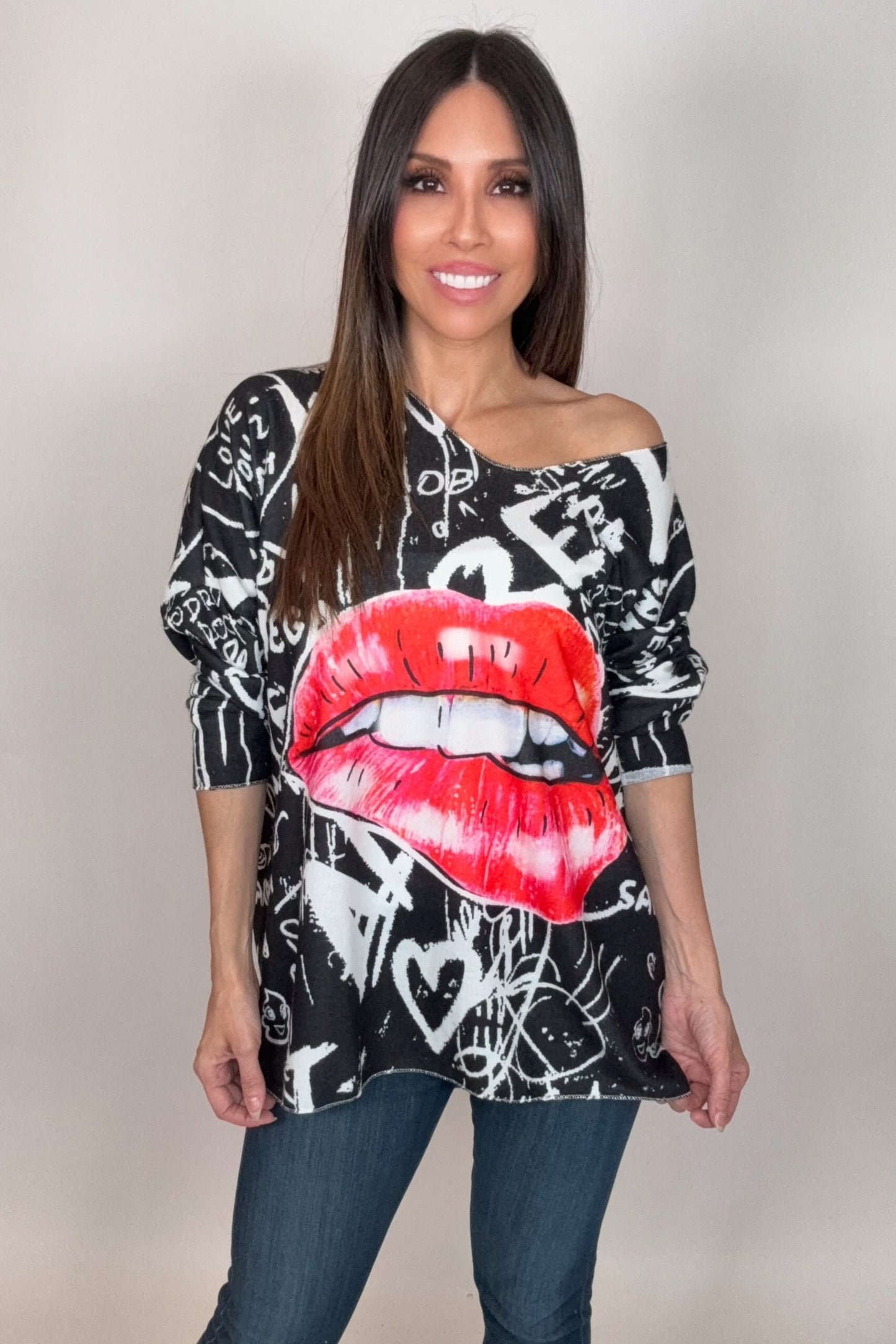 Cozy Lips Print Sweater - Born To Glam Born To Glam