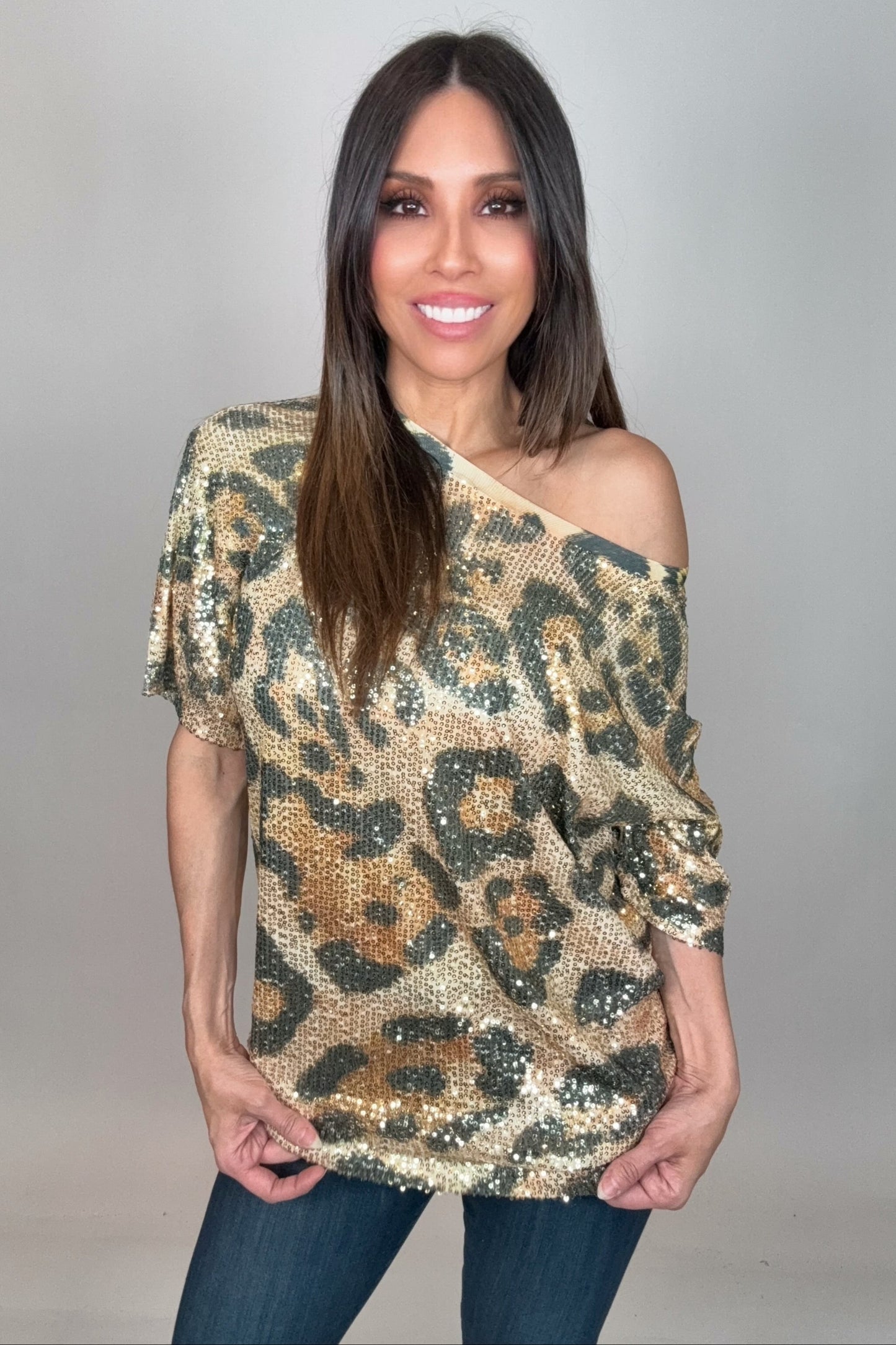 Lined Leopard All Sequin Short Sleeve Top - Born To Glam Born To Glam