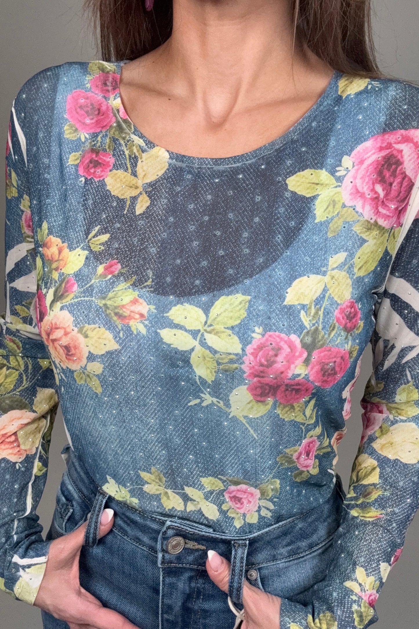 Denim Blue Floral Mesh Top - Born To Glam Born To Glam