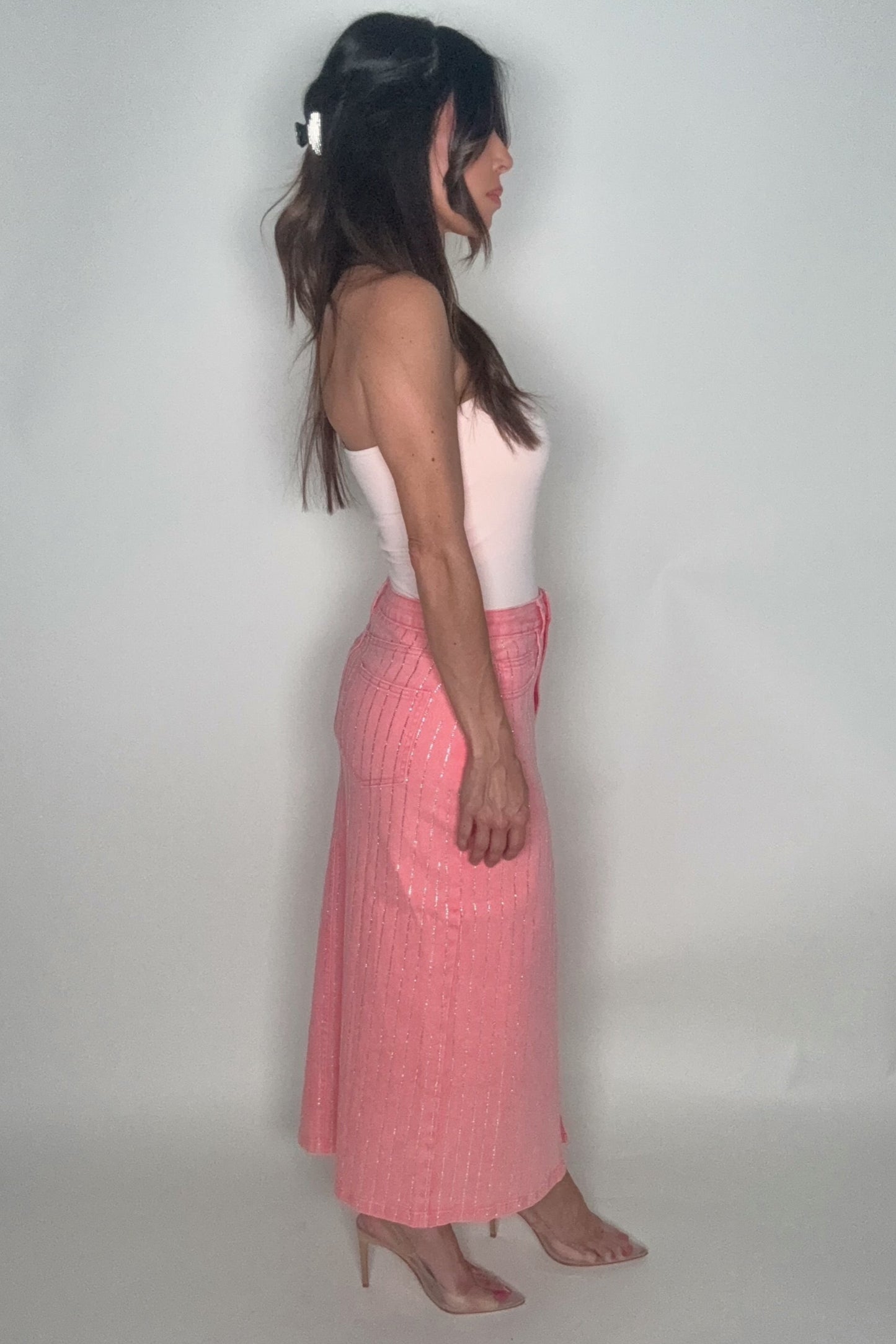 Pink Rhinestone Studded Stripe Midi Denim Skirt - Born To Glam Born To Glam