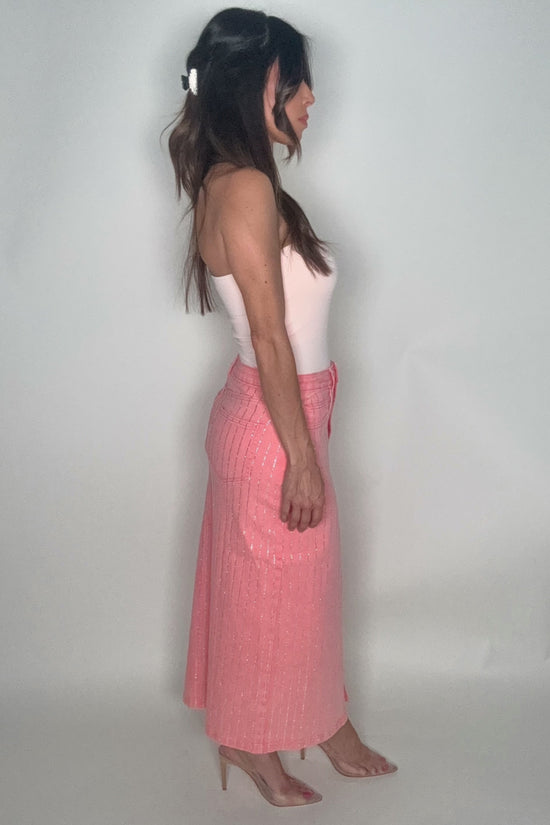 Pink Rhinestone Studded Stripe Midi Denim Skirt - Born To Glam Born To Glam
