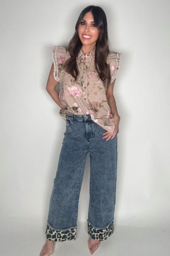 Latte Floral Denim Ruffle Top - Born To Glam Born To Glam