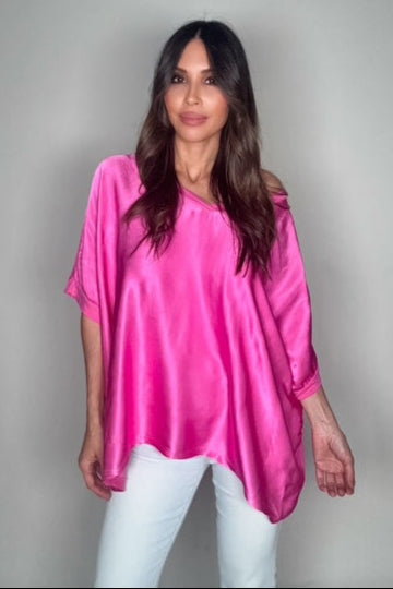 Fuchsia Satin Front Flowy Blouse - Born To Glam Born To Glam