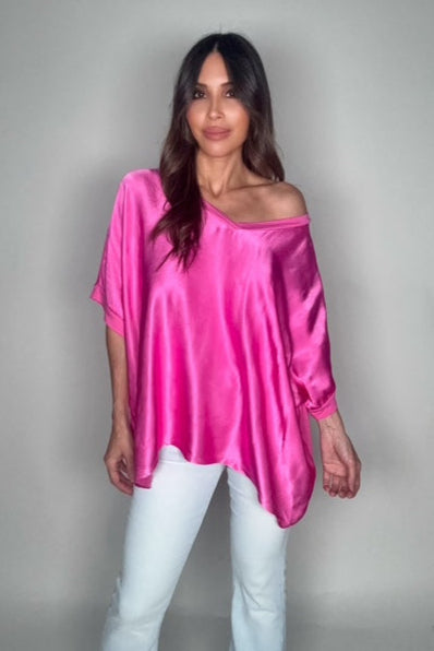 Fuchsia Satin Front Flowy Blouse - Born To Glam Born To Glam