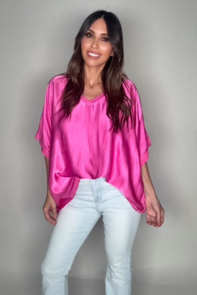Fuchsia Satin Front Flowy Blouse - Born To Glam Born To Glam