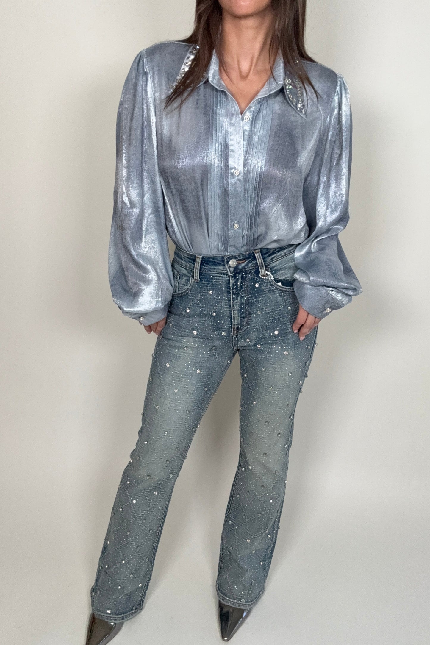 Jewel Embellished All over Rhinestone Modern Bootcut Jeans - Born To Glam Born To Glam