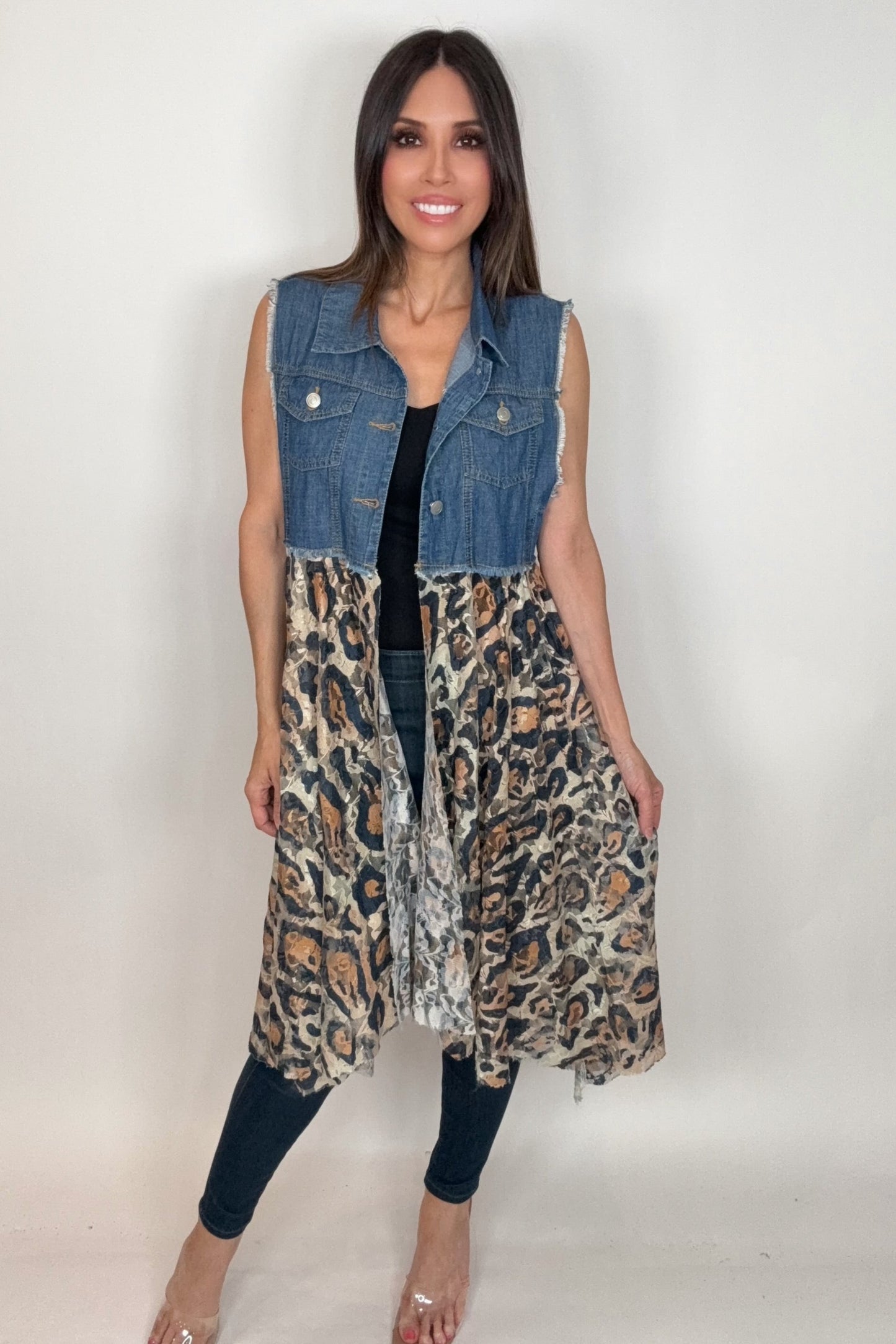 Cropped Denim Leopard Vest - Born To Glam Born To Glam