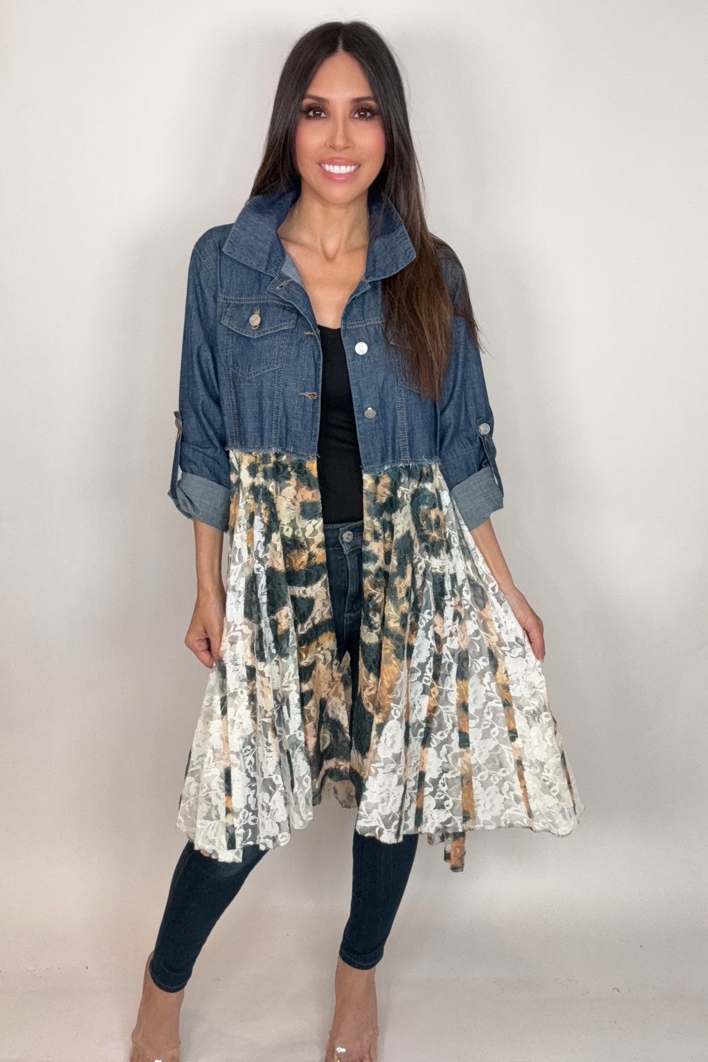 Cropped Denim Leopard Lace Jacket - Born To Glam Born To Glam