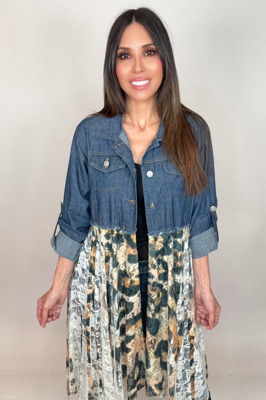 Cropped Denim Leopard Lace Jacket - Born To Glam Born To Glam