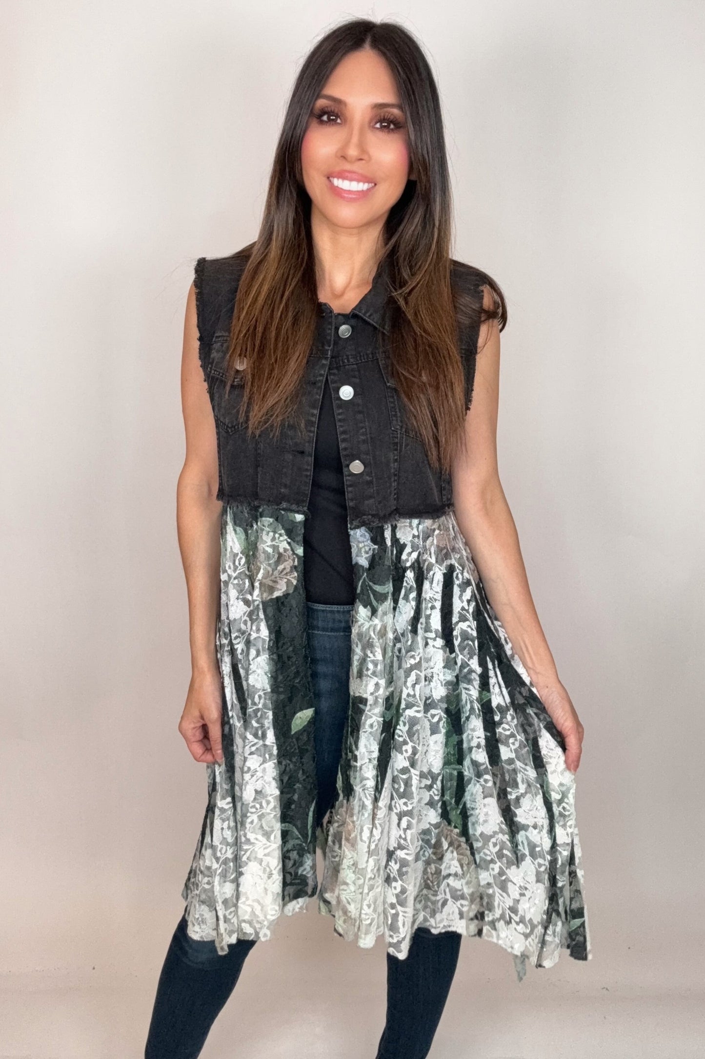 Cropped Black Denim Green Floral Vest - Born To Glam Born To Glam