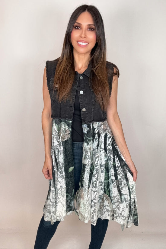 Cropped Black Denim Green Floral Vest - Born To Glam Born To Glam