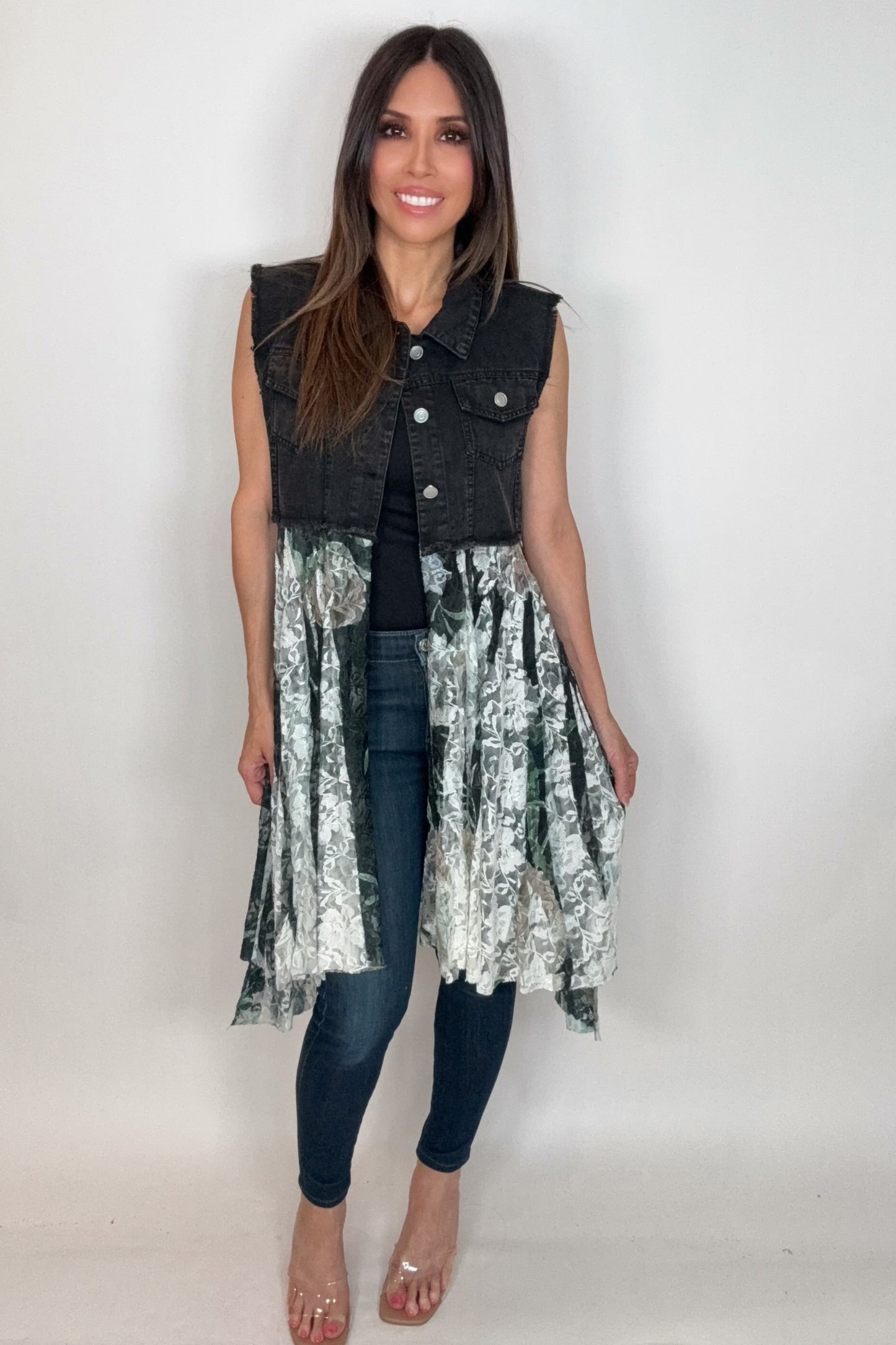 Cropped Black Denim Green Floral Vest - Born To Glam Born To Glam