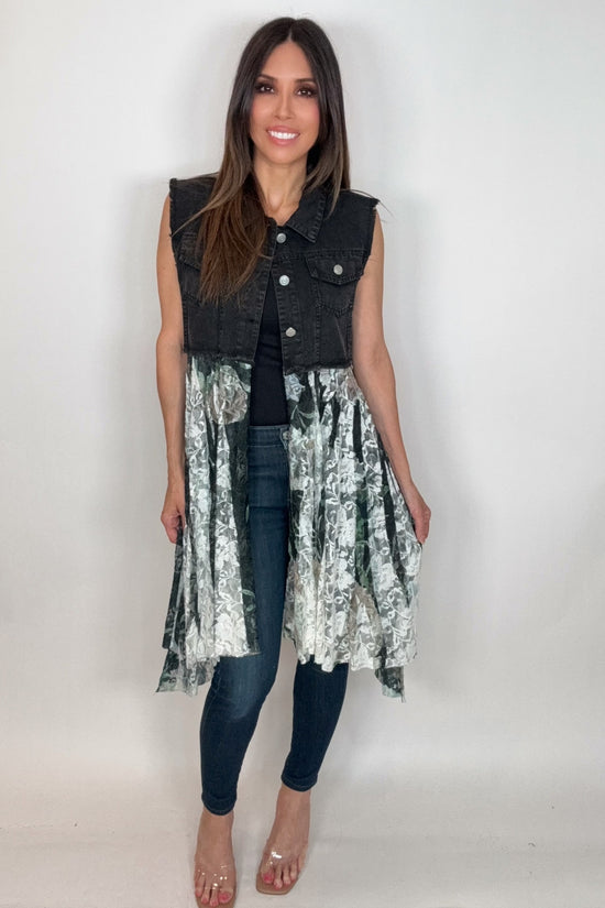 Cropped Black Denim Green Floral Vest - Born To Glam Born To Glam