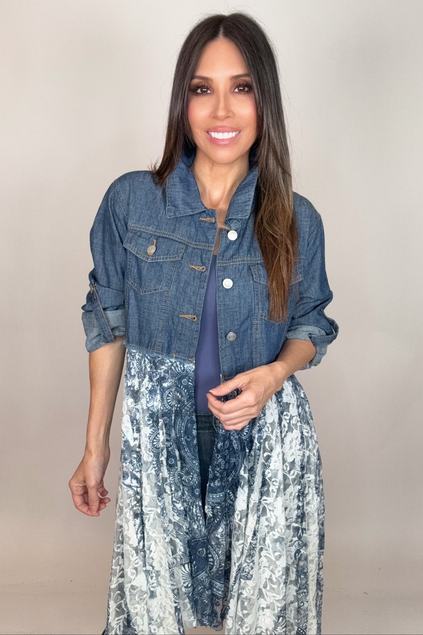 Cropped Navy Floral Denim Jacket - Born To Glam Born To Glam